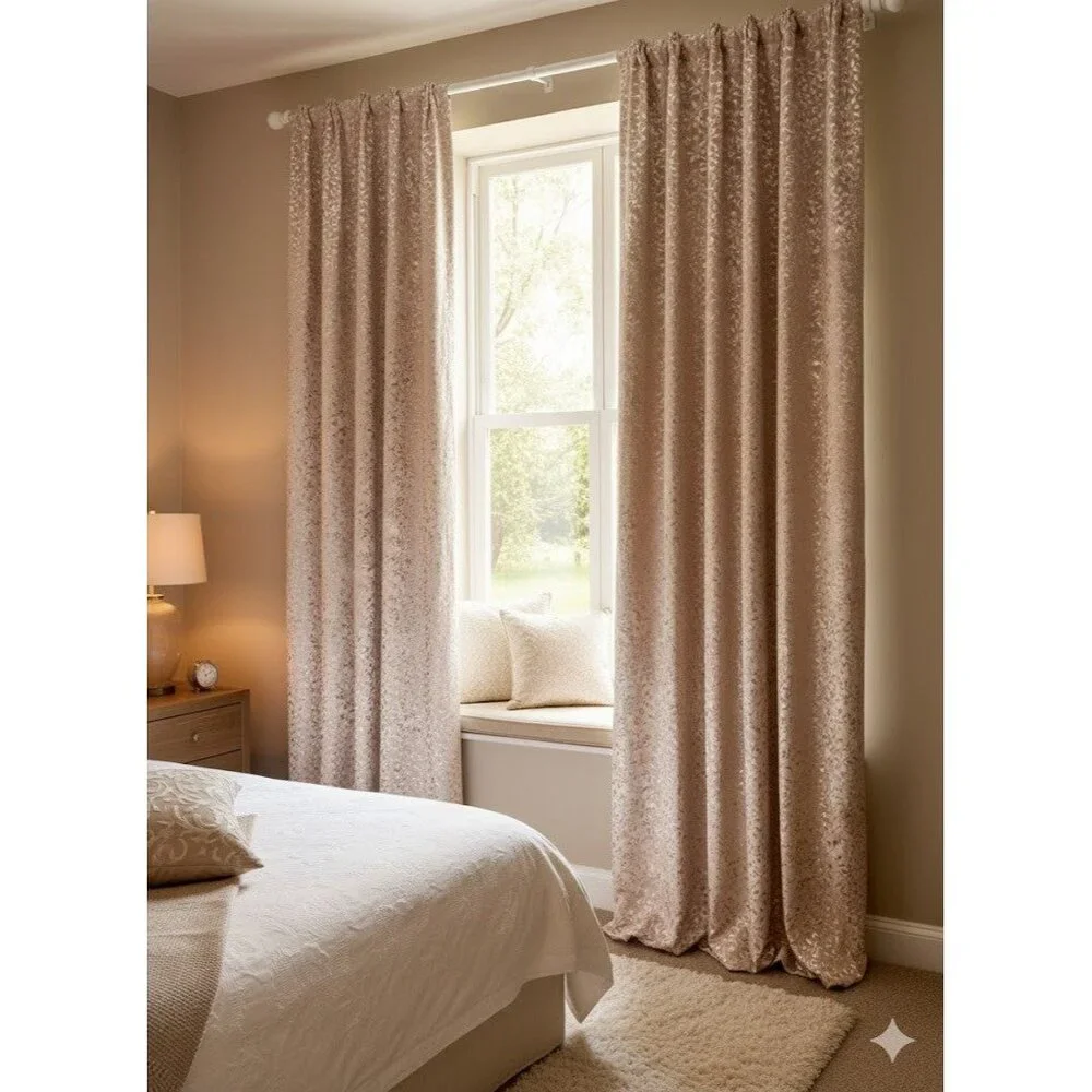 CROSCILL HOME Set 2 Curtain Panels Tan Jacquard Leaf Vine Pattern‎ Rod Pocket